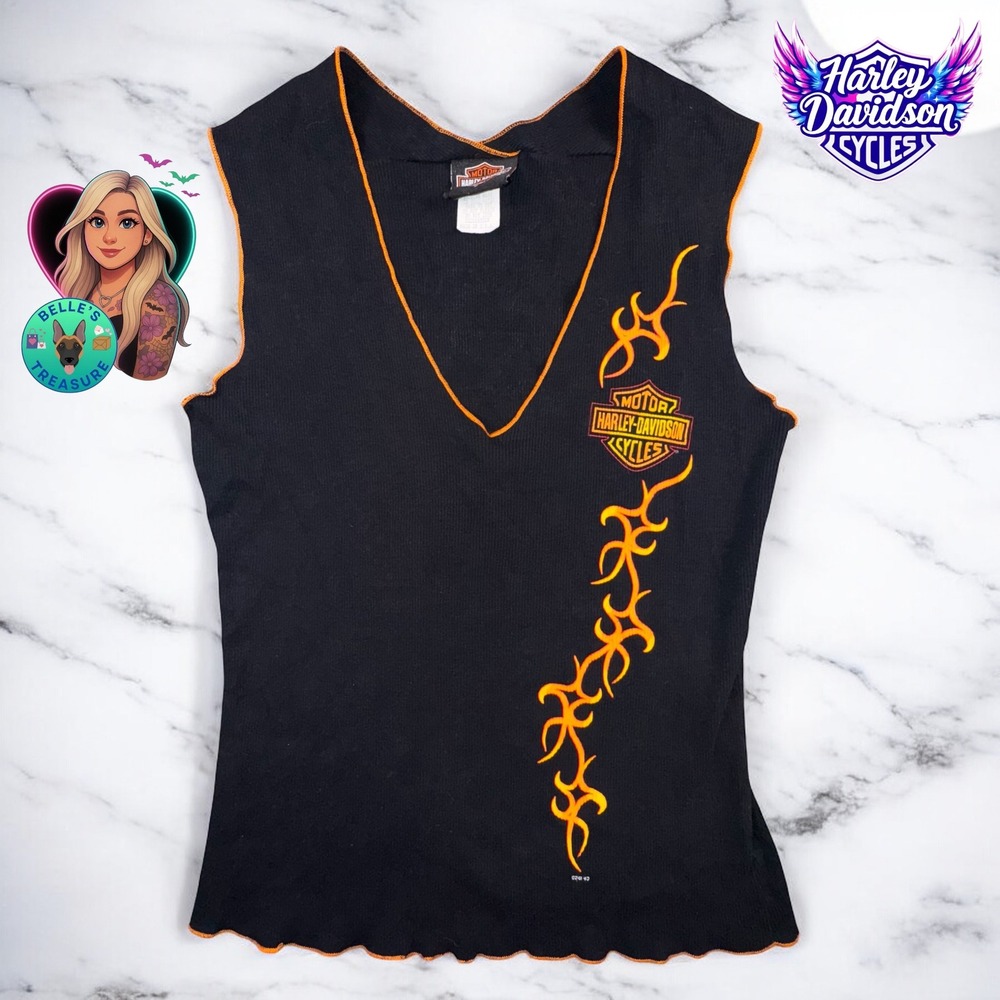 Harley Davidson Medium Black Tribal Flames Ribbed Tank Top 2004 Vintage Y2K USA
